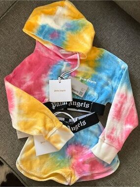 Child’s new Palm Angels tie dye cropped hoodie & logo trim shorts set 4 $490